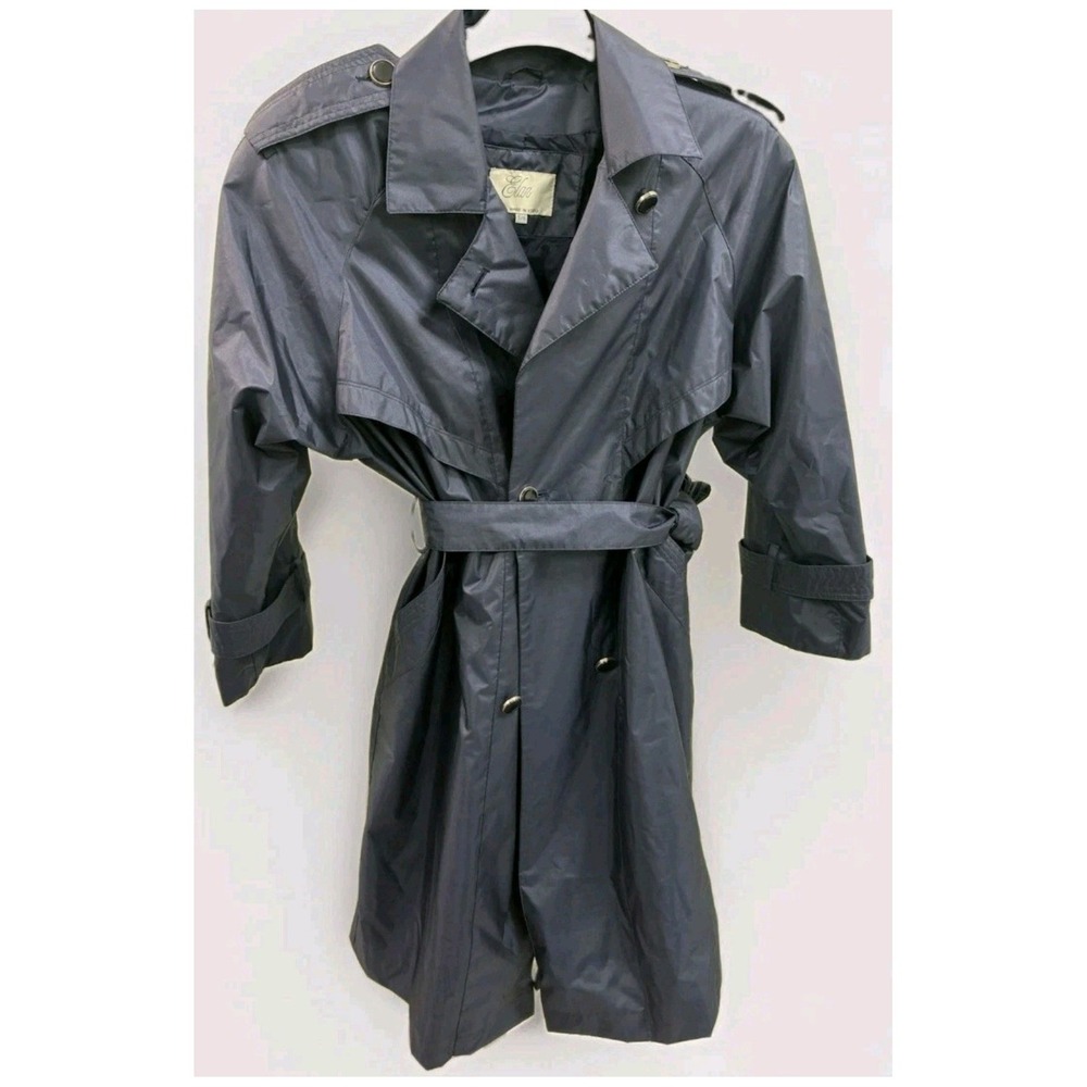 Elan Vintage Navy Blue Trench Coat Belted Double Breasted Lightweight Size 5/6